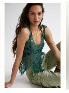 Anthropologie Teal Crochet Fringe Shoulder-Tie Camisole